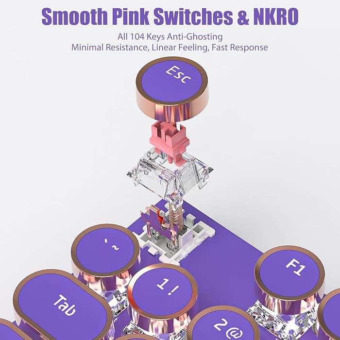 TISHLED Typewriter Style Mechanical Gaming Keyboard White LED Backlit 104-Key NKRO Pink Switches Retro Round Keycaps Golden Ring Volume Knob Metal Panel Wired USB-C Detachable Cable, Purple - Image 4