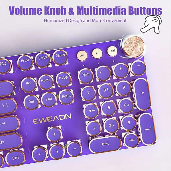 TISHLED Typewriter Style Mechanical Gaming Keyboard White LED Backlit 104-Key NKRO Pink Switches Retro Round Keycaps Golden Ring Volume Knob Metal Panel Wired USB-C Detachable Cable, Purple - Image 5