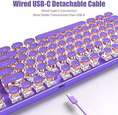 TISHLED Typewriter Style Mechanical Gaming Keyboard White LED Backlit 104-Key NKRO Pink Switches Retro Round Keycaps Golden Ring Volume Knob Metal Panel Wired USB-C Detachable Cable, Purple - Image 6