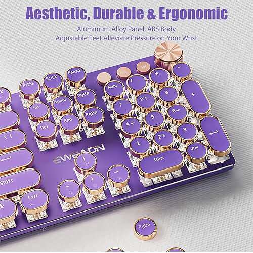 TISHLED Typewriter Style Mechanical Gaming Keyboard White LED Backlit 104-Key NKRO Pink Switches Retro Round Keycaps Golden Ring Volume Knob Metal Panel Wired USB-C Detachable Cable, Purple - Image 7