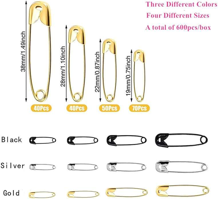 600 Pcs Safety Pins Assorted, 4 Sizes Large and Small Safety Pins for Clothes,Black Gold Silver Safety Pin Rust Resistant for Art,Crafts, Sewing and Jewelry Making - Image 3