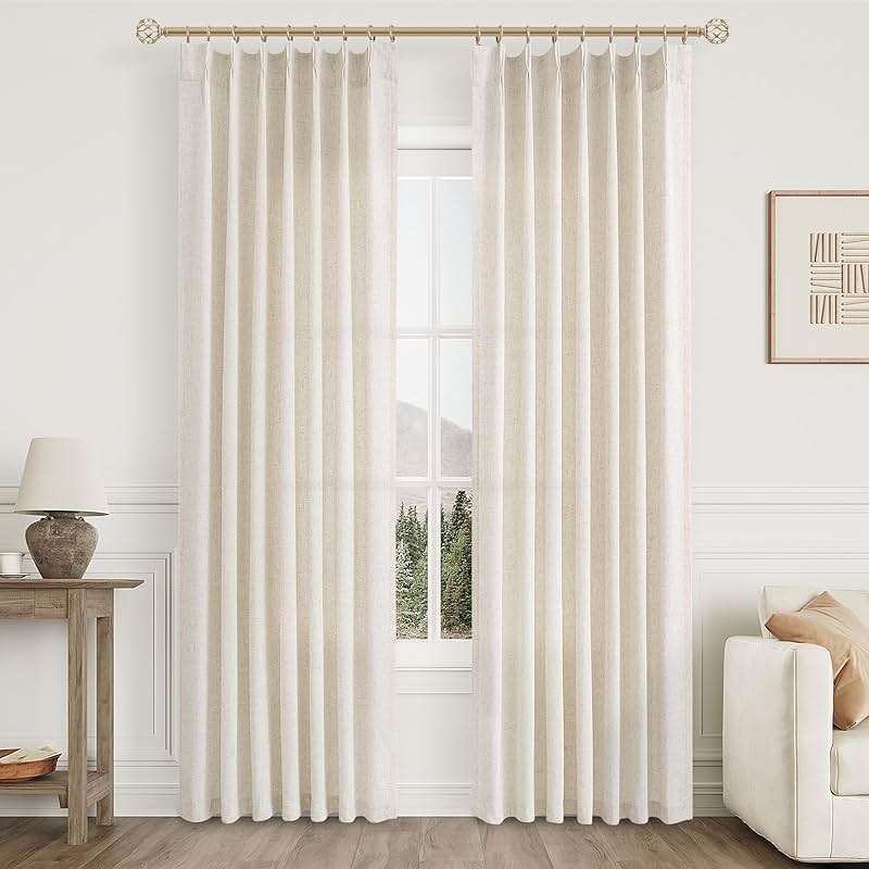 Aersas Linen Pinch Pleated Curtains 84 Inch Length 2 Panels Set for Living Room Cream Semi Sheer Window Curtain for Bedroom Boho Farmhouse Neutral Back Tab Drape Decor with Hooks, Natural Beige Ivory - Image 2