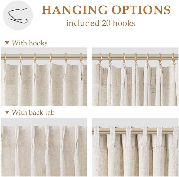 Aersas Linen Pinch Pleated Curtains 84 Inch Length 2 Panels Set for Living Room Cream Semi Sheer Window Curtain for Bedroom Boho Farmhouse Neutral Back Tab Drape Decor with Hooks, Natural Beige Ivory - Image 3