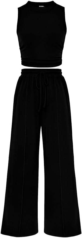 BTFBM Summer Outfits For Women 2026 Ribbed Sleeveless Tank Tops Wide Leg Pants 2 Piece Sets Lounge Set Clothing - Image 1
