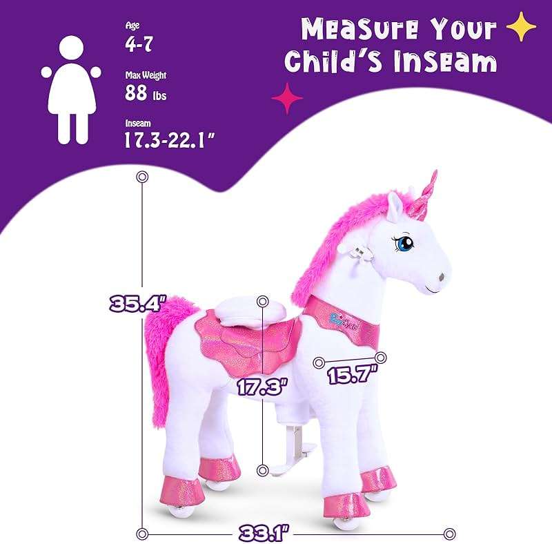 PonyCycle Ride on Unicorn Toys for Girls Pony Riding Pink Unicorn Rocking Horse No Battery Required (with Brake/ 35.4" Height/Size 4 for Age 4-7) Ride-on Animals Plush Pony Toys Birthday Gifts E412 - Image 3