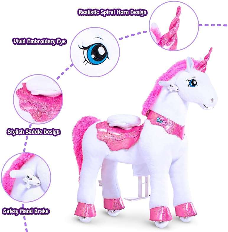 PonyCycle Ride on Unicorn Toys for Girls Pony Riding Pink Unicorn Rocking Horse No Battery Required (with Brake/ 35.4" Height/Size 4 for Age 4-7) Ride-on Animals Plush Pony Toys Birthday Gifts E412 - Image 5