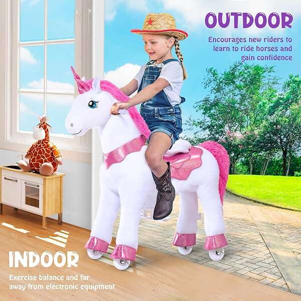 PonyCycle Ride on Unicorn Toys for Girls Pony Riding Pink Unicorn Rocking Horse No Battery Required (with Brake/ 35.4" Height/Size 4 for Age 4-7) Ride-on Animals Plush Pony Toys Birthday Gifts E412 - Image 9