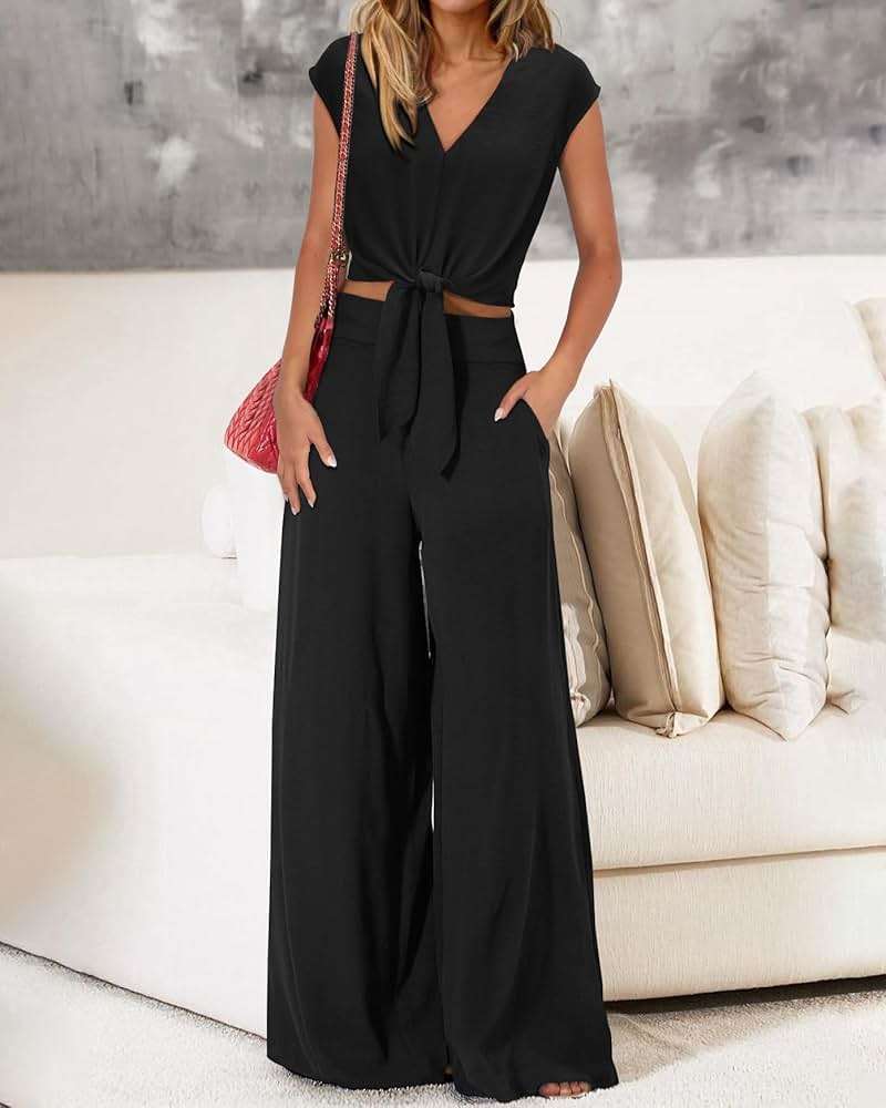 PRETTYGARDEN Women's Summer 2 Piece Outfits 2025 Cap Sleeve V Neck Belted Crop Tops Wide Leg Pant Sets Casual Tracksuit - Image 3