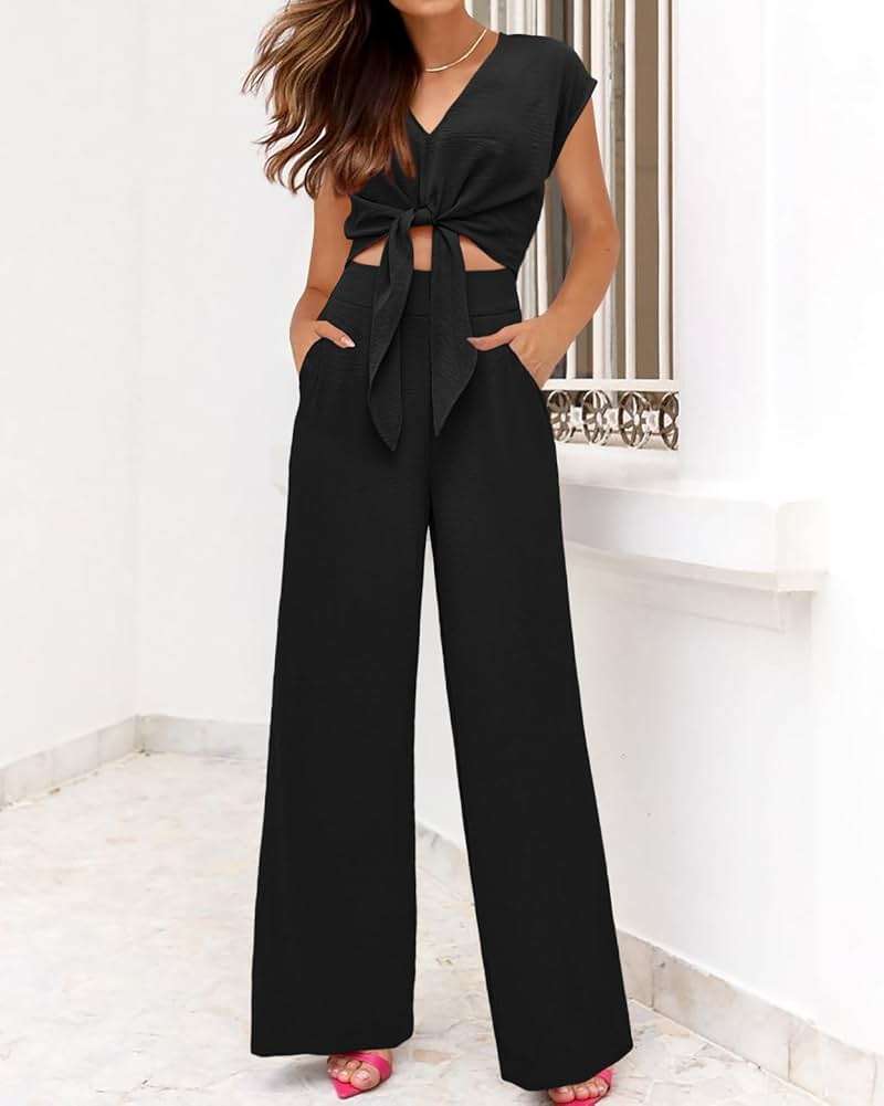 PRETTYGARDEN Women's Summer 2 Piece Outfits 2025 Cap Sleeve V Neck Belted Crop Tops Wide Leg Pant Sets Casual Tracksuit - Image 6