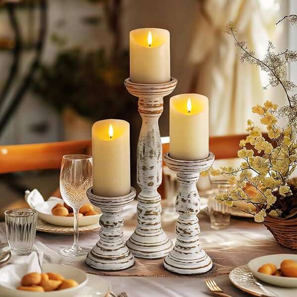 Homemory Farmhouse Wood Candle Holders for Pillar Candles Set of 3, Rustic Candle Holders for Table Centerpiece, 13" 9" 6" Vintage Tall Candle Stand Decorative for Dining Fireplace Living Room (White) - Image 2