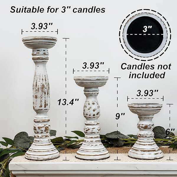 Homemory Farmhouse Wood Candle Holders for Pillar Candles Set of 3, Rustic Candle Holders for Table Centerpiece, 13" 9" 6" Vintage Tall Candle Stand Decorative for Dining Fireplace Living Room (White) - Image 3