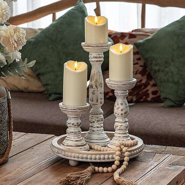 Homemory Farmhouse Wood Candle Holders for Pillar Candles Set of 3, Rustic Candle Holders for Table Centerpiece, 13" 9" 6" Vintage Tall Candle Stand Decorative for Dining Fireplace Living Room (White) - Image 4
