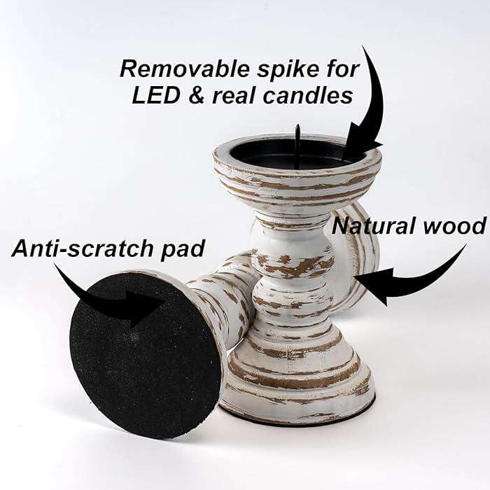 Homemory Farmhouse Wood Candle Holders for Pillar Candles Set of 3, Rustic Candle Holders for Table Centerpiece, 13" 9" 6" Vintage Tall Candle Stand Decorative for Dining Fireplace Living Room (White) - Image 5