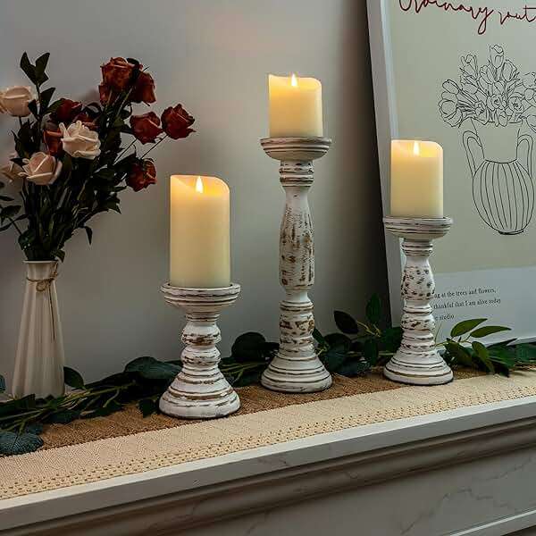 Homemory Farmhouse Wood Candle Holders for Pillar Candles Set of 3, Rustic Candle Holders for Table Centerpiece, 13" 9" 6" Vintage Tall Candle Stand Decorative for Dining Fireplace Living Room (White) - Image 7