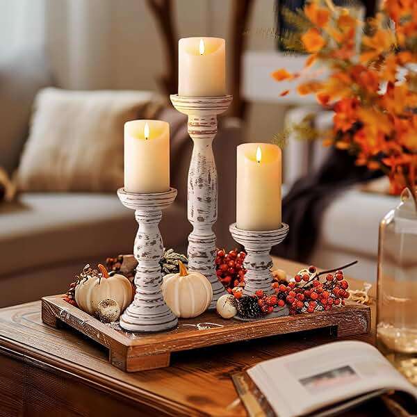 Homemory Farmhouse Wood Candle Holders for Pillar Candles Set of 3, Rustic Candle Holders for Table Centerpiece, 13" 9" 6" Vintage Tall Candle Stand Decorative for Dining Fireplace Living Room (White) - Image 8