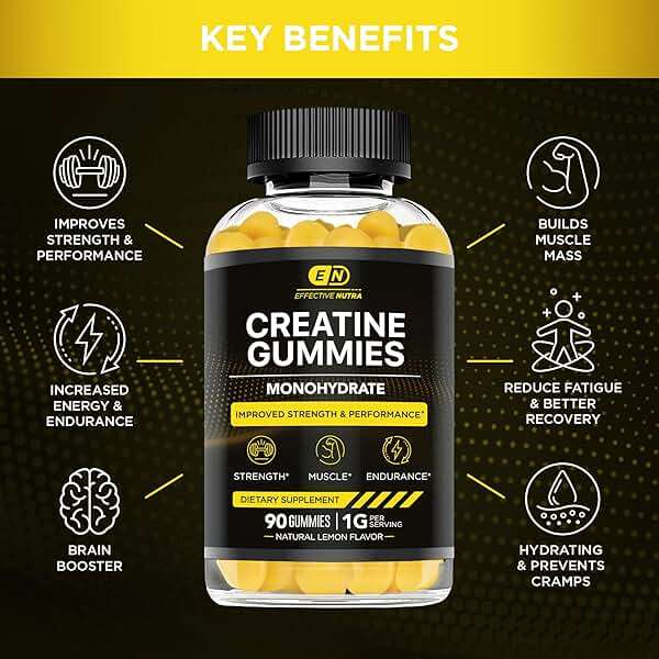 Effective Nutra Creatine Monohydrate Gummies - 1g Creatine per Gummy - Vegan Muscle & Strength Supplement for Men & Women - Supports Muscle Growth, Energy, Endurance - Lemon Flavor, Made in USA (90ct) - Image 2