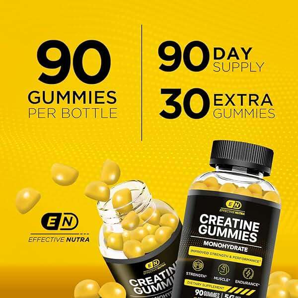 Effective Nutra Creatine Monohydrate Gummies - 1g Creatine per Gummy - Vegan Muscle & Strength Supplement for Men & Women - Supports Muscle Growth, Energy, Endurance - Lemon Flavor, Made in USA (90ct) - Image 3