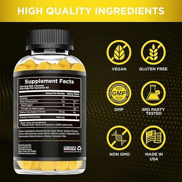 Effective Nutra Creatine Monohydrate Gummies - 1g Creatine per Gummy - Vegan Muscle & Strength Supplement for Men & Women - Supports Muscle Growth, Energy, Endurance - Lemon Flavor, Made in USA (90ct) - Image 5