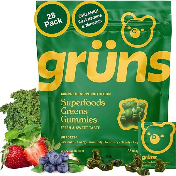 Gruns Adult Super Greens Multivitamin Gummies, Superfood Gummy Vitamins for Women and Men with Spirulina, Chlorella, Adaptogens & Prebiotic Fiber for Digestive Health (28 Count) - Image 1