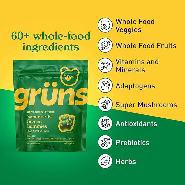 Gruns Adult Super Greens Multivitamin Gummies, Superfood Gummy Vitamins for Women and Men with Spirulina, Chlorella, Adaptogens & Prebiotic Fiber for Digestive Health (28 Count) - Image 3