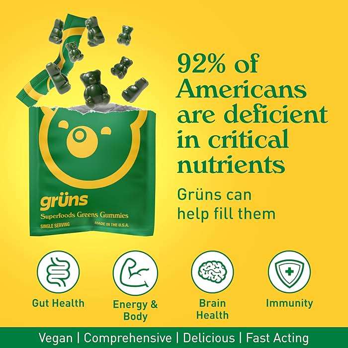 Gruns Adult Super Greens Multivitamin Gummies, Superfood Gummy Vitamins for Women and Men with Spirulina, Chlorella, Adaptogens & Prebiotic Fiber for Digestive Health (28 Count) - Image 5