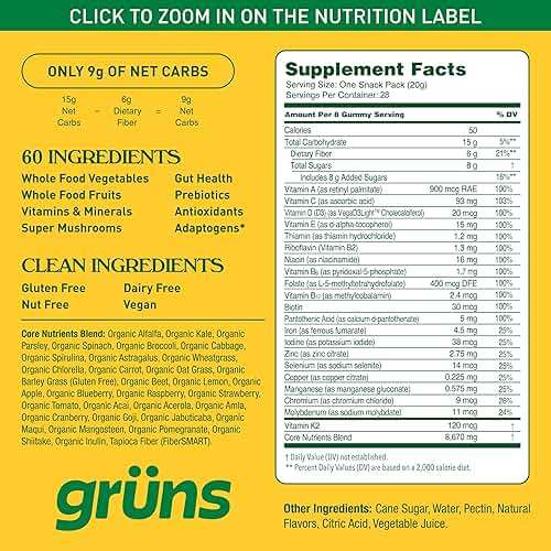 Gruns Adult Super Greens Multivitamin Gummies, Superfood Gummy Vitamins for Women and Men with Spirulina, Chlorella, Adaptogens & Prebiotic Fiber for Digestive Health (28 Count) - Image 9