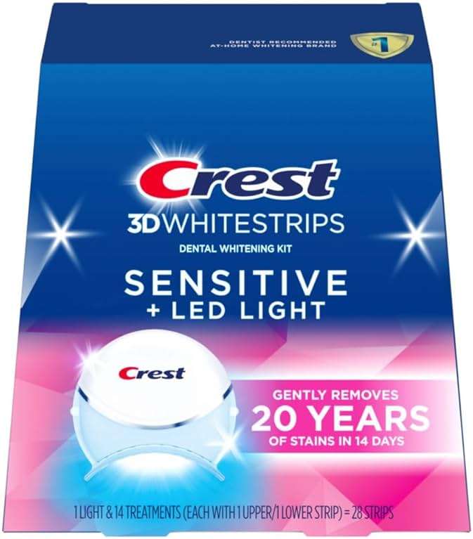 Crest 3D Whitestrips Sensitive & Gentle + LED Light – Teeth Whitening Kit, 1 Light + 14 Treatments, Each with 1 Upper/1Lower, 28 Strips – Crest 3DWhite Teeth Whitening Strips - Image 1