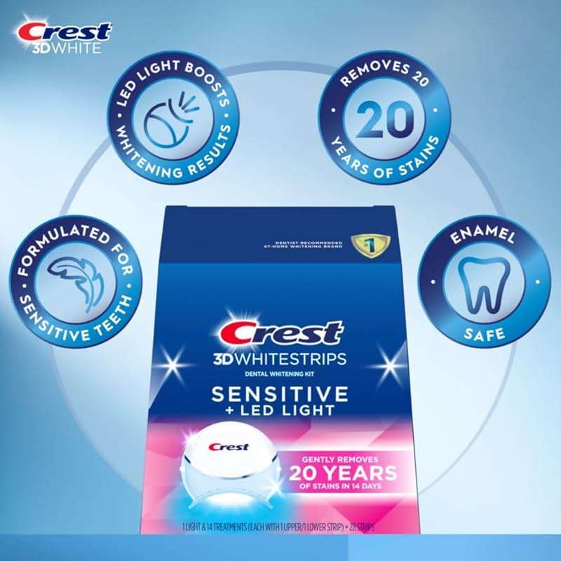 Crest 3D Whitestrips Sensitive & Gentle + LED Light – Teeth Whitening Kit, 1 Light + 14 Treatments, Each with 1 Upper/1Lower, 28 Strips – Crest 3DWhite Teeth Whitening Strips - Image 2