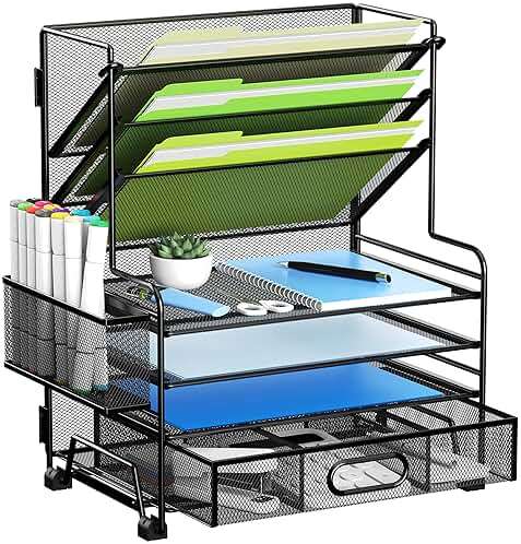 MINDEPOT 4-Tier Paper Organizer + 3-Pocket File Holder + Drawer + Pen Holders, Desktop File Organizers Paper Tray for Office Accessories School Classroom Organization (Black) - Image 1