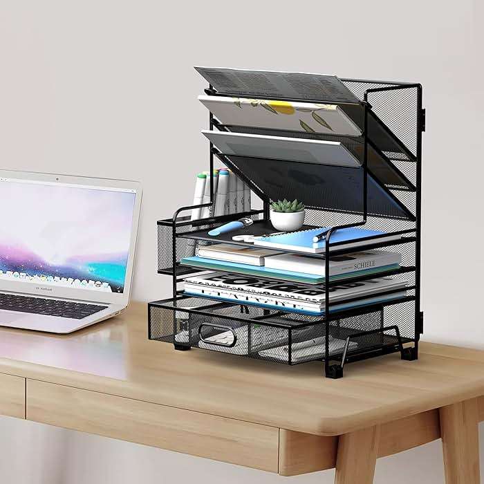 MINDEPOT 4-Tier Paper Organizer + 3-Pocket File Holder + Drawer + Pen Holders, Desktop File Organizers Paper Tray for Office Accessories School Classroom Organization (Black) - Image 2