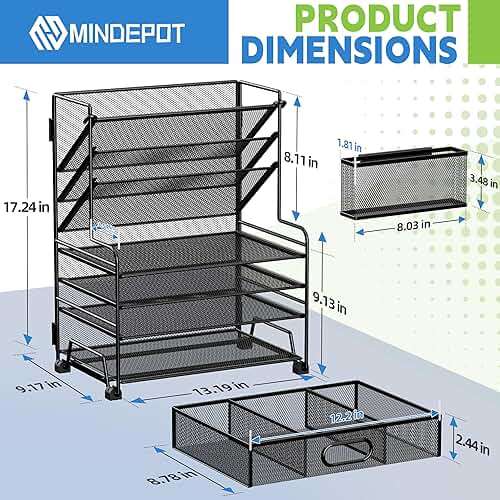 MINDEPOT 4-Tier Paper Organizer + 3-Pocket File Holder + Drawer + Pen Holders, Desktop File Organizers Paper Tray for Office Accessories School Classroom Organization (Black) - Image 3