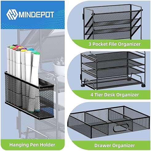 MINDEPOT 4-Tier Paper Organizer + 3-Pocket File Holder + Drawer + Pen Holders, Desktop File Organizers Paper Tray for Office Accessories School Classroom Organization (Black) - Image 4