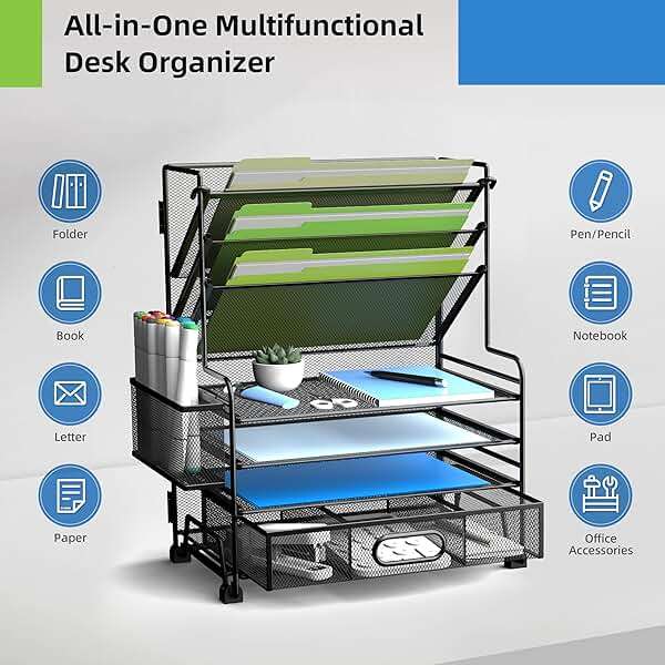 MINDEPOT 4-Tier Paper Organizer + 3-Pocket File Holder + Drawer + Pen Holders, Desktop File Organizers Paper Tray for Office Accessories School Classroom Organization (Black) - Image 5