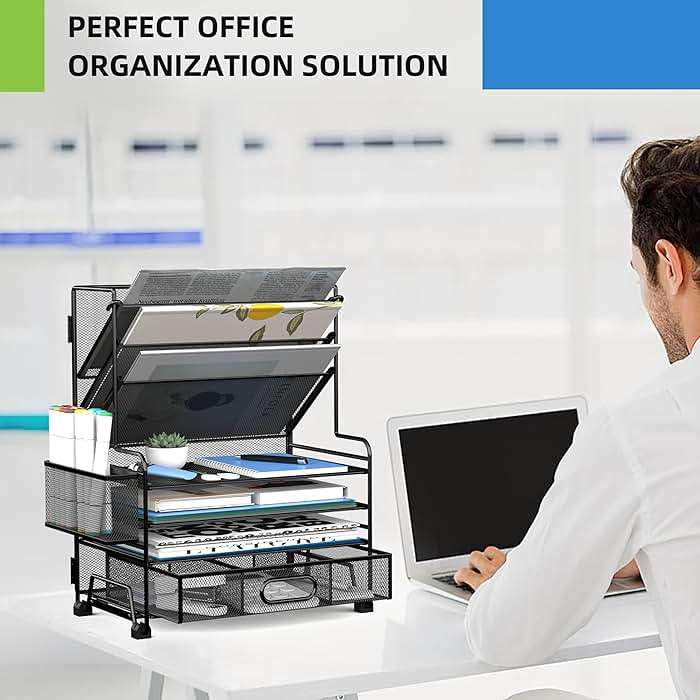 MINDEPOT 4-Tier Paper Organizer + 3-Pocket File Holder + Drawer + Pen Holders, Desktop File Organizers Paper Tray for Office Accessories School Classroom Organization (Black) - Image 6