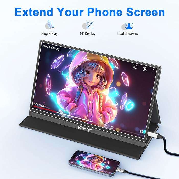 KYY Portable Monitor for Laptop, 14" FHD 1080P Travel Monitor, USB-C & HDMI Computer Gaming Screen with VESA Mount & Smart Cover, Dual Speakers, for Mac PC Phone Xbox PS5 Switch - Image 7
