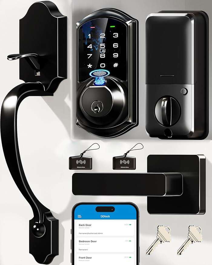Veise VE07-H Fingerprint Smart Locks for Front Door with Handle Set, App Control, Keyless Entry Keypad Deadbolt, Digital Electronic Touchscreen, Easy Install, Auto Lock, Matte Black - Image 1