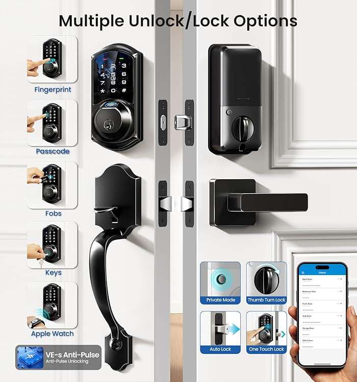 Veise VE07-H Fingerprint Smart Locks for Front Door with Handle Set, App Control, Keyless Entry Keypad Deadbolt, Digital Electronic Touchscreen, Easy Install, Auto Lock, Matte Black - Image 2