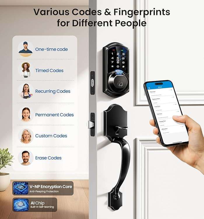 Veise VE07-H Fingerprint Smart Locks for Front Door with Handle Set, App Control, Keyless Entry Keypad Deadbolt, Digital Electronic Touchscreen, Easy Install, Auto Lock, Matte Black - Image 3