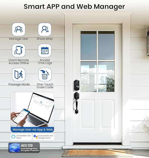 Veise VE07-H Fingerprint Smart Locks for Front Door with Handle Set, App Control, Keyless Entry Keypad Deadbolt, Digital Electronic Touchscreen, Easy Install, Auto Lock, Matte Black - Image 4