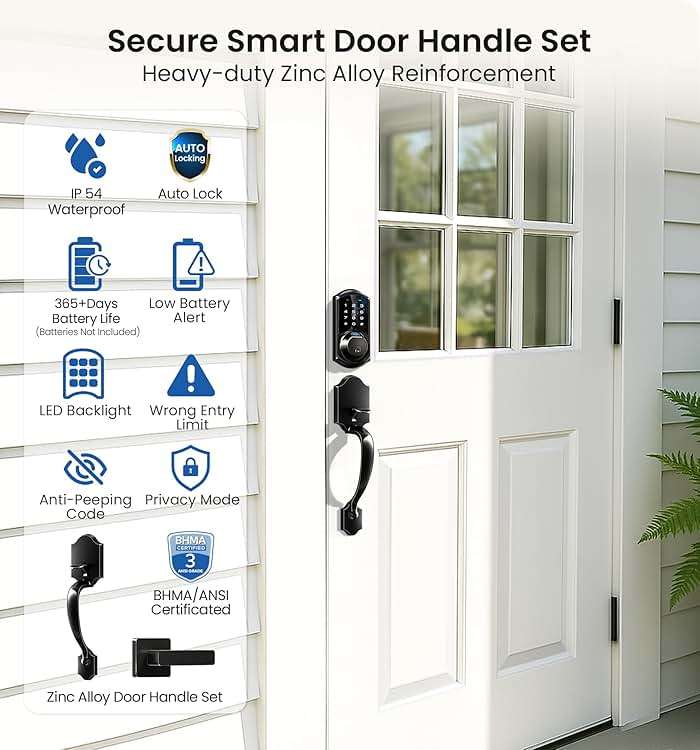 Veise VE07-H Fingerprint Smart Locks for Front Door with Handle Set, App Control, Keyless Entry Keypad Deadbolt, Digital Electronic Touchscreen, Easy Install, Auto Lock, Matte Black - Image 5