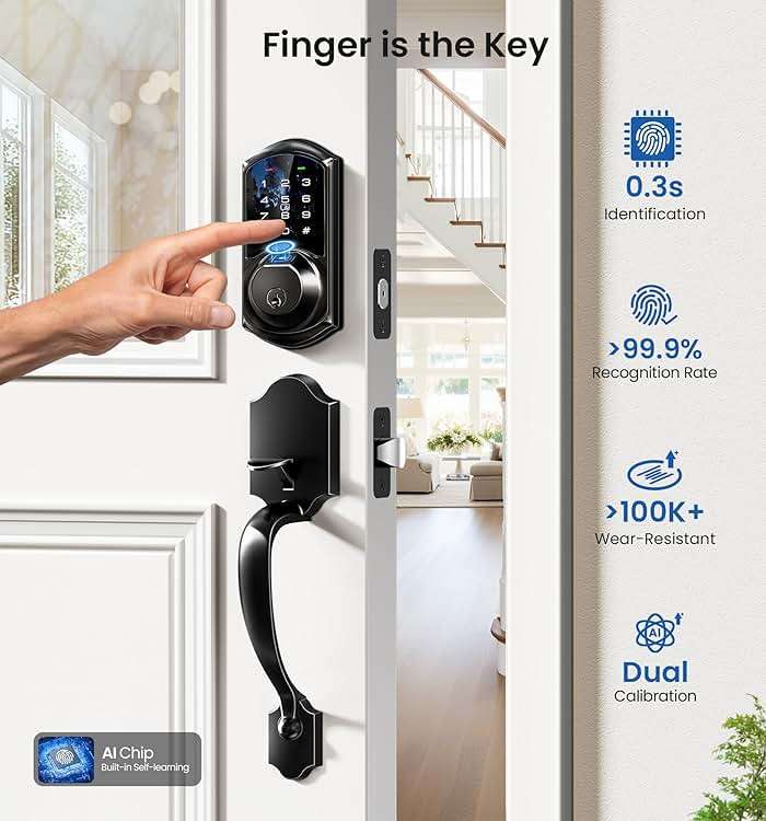 Veise VE07-H Fingerprint Smart Locks for Front Door with Handle Set, App Control, Keyless Entry Keypad Deadbolt, Digital Electronic Touchscreen, Easy Install, Auto Lock, Matte Black - Image 6