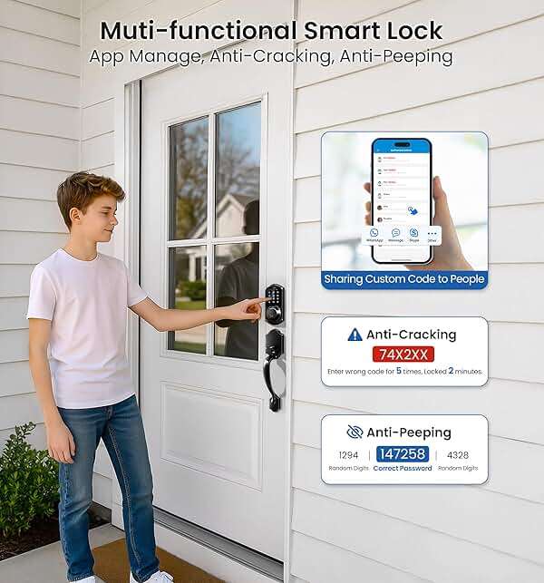 Veise VE07-H Fingerprint Smart Locks for Front Door with Handle Set, App Control, Keyless Entry Keypad Deadbolt, Digital Electronic Touchscreen, Easy Install, Auto Lock, Matte Black - Image 8