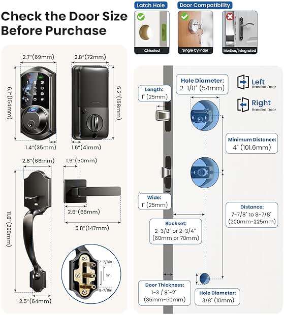 Veise VE07-H Fingerprint Smart Locks for Front Door with Handle Set, App Control, Keyless Entry Keypad Deadbolt, Digital Electronic Touchscreen, Easy Install, Auto Lock, Matte Black - Image 9