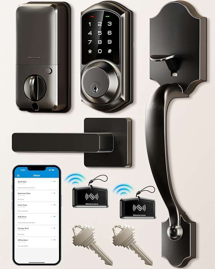 Veise VE06-H Smart Front Door Lock Set, App Control, Keyless Entry Deadbolt with Lever Handle, Electronic Digital Touchscreen Keypad, Auto Lock, Easy Install, Matte Black - Image 1