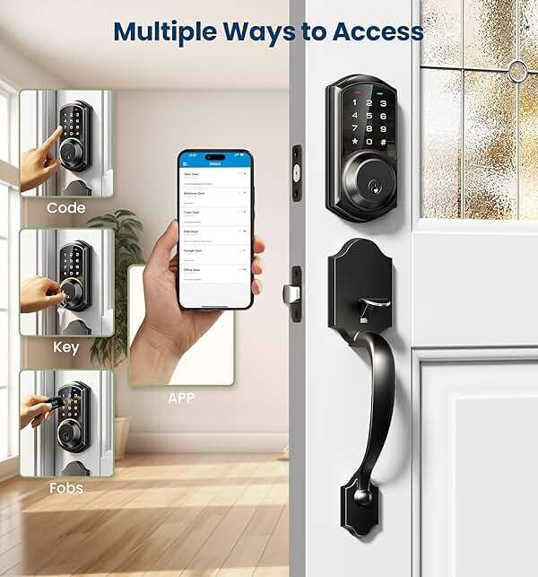 Veise VE06-H Smart Front Door Lock Set, App Control, Keyless Entry Deadbolt with Lever Handle, Electronic Digital Touchscreen Keypad, Auto Lock, Easy Install, Matte Black - Image 2