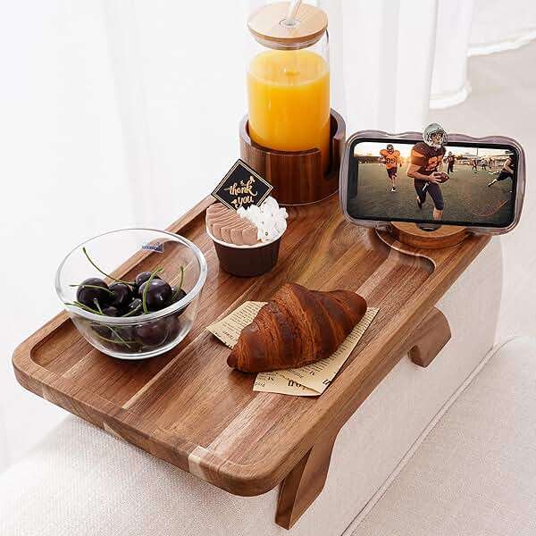 Nnewvante Couch Cup Holder Tray, 3 in 1 Large 15.36"x9.85" Acacia Wood Sofa Arm Clip on Tray Table with 360°Rotated Phone Holder on Armrest - Image 1