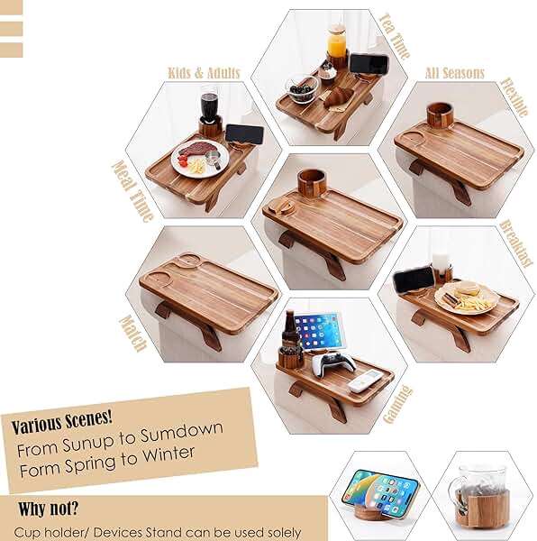 Nnewvante Couch Cup Holder Tray, 3 in 1 Large 15.36"x9.85" Acacia Wood Sofa Arm Clip on Tray Table with 360°Rotated Phone Holder on Armrest - Image 3