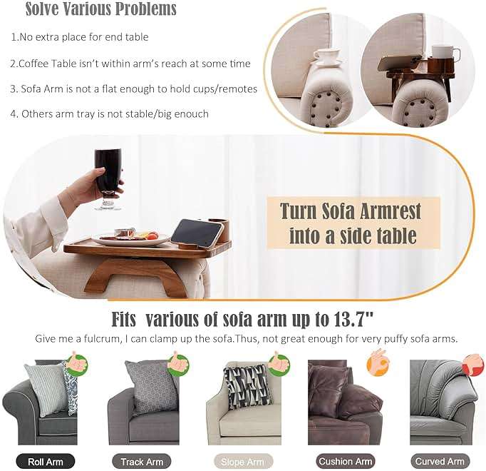 Nnewvante Couch Cup Holder Tray, 3 in 1 Large 15.36"x9.85" Acacia Wood Sofa Arm Clip on Tray Table with 360°Rotated Phone Holder on Armrest - Image 4