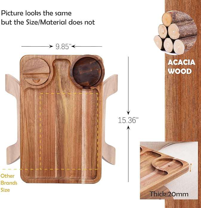 Nnewvante Couch Cup Holder Tray, 3 in 1 Large 15.36"x9.85" Acacia Wood Sofa Arm Clip on Tray Table with 360°Rotated Phone Holder on Armrest - Image 6