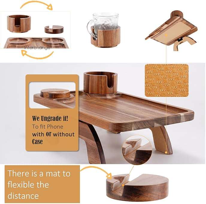 Nnewvante Couch Cup Holder Tray, 3 in 1 Large 15.36"x9.85" Acacia Wood Sofa Arm Clip on Tray Table with 360°Rotated Phone Holder on Armrest - Image 7